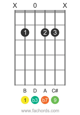 guitar chord diagram for the B m9 chord